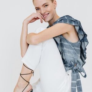 7 For All Mankind Sleeveless Belted Ruffle Top in Indigo Tie Dye XS